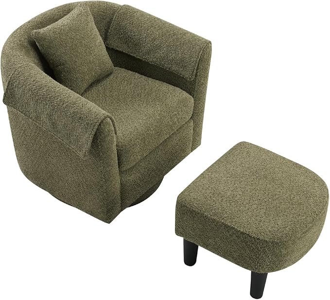 Swivel Accent Chair with Ottoman Modern Chenille Comfortable Bucket Chair with Removable Pillow Small Couch Barrel Armchair for Small Spaces Living Room Bedroom Office (Green)