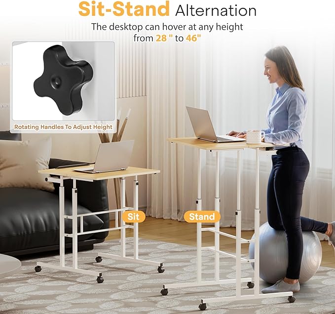 Small Standing Desk Adjustable Height and Angle Computer Laptop Desk Home Office Sit Standup Desk Portable Rolling Desk with Wheels 2 Platforms Natural