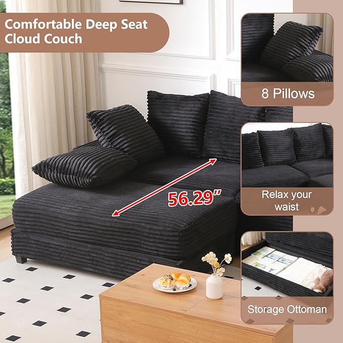108 Oversized Sectional Sofa Modular Deep Seat Sofa Couch with Storage Ottoman Comfy Upholstered Cloud Couches Modern L-Shaped Corduroy Sofa Chaise with 8 Pillows for Living Room Apartment Black