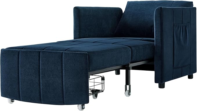 Pull Out Sofa Bed for Living Room 31.5 Upholstered Convertible Sleeper Sofa 3-in-1 Convertible Sleeper Chair with 5-Position Adjustable Backrest Side Pockets and a Storage Basket (Blue/352)