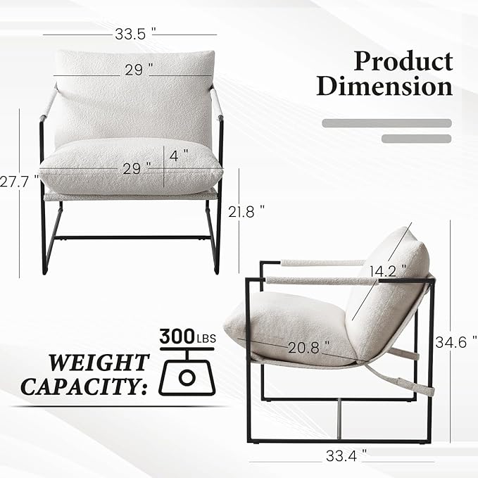 Furniliving Sling Accent Chair with Metal Frame Comfortable Boucle Fabric Arm Chair Upholstered Cozy Reading Chair for Living Room Bedroom Dressing Room Home Office Purewhite