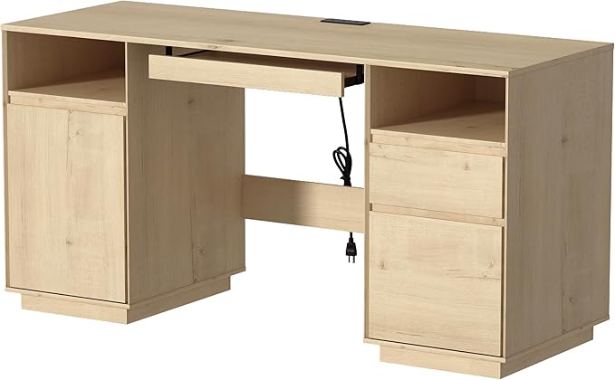 59 Farmhouse Office Desk Wide Home Executive Desk with File Drawer &amp Open Storage &amp Power Outlet Wooden Computer Desk for Study Writing Light Oak
