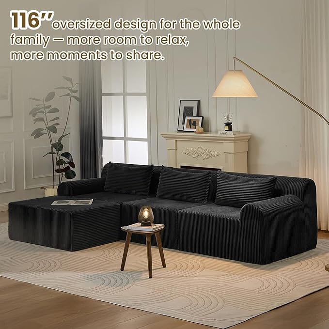 Oversized Boneless Couches for Living Room L Shaped Cloud Couch with Deep Seat Corduroy Sectional Couch with Removable OttomanNo Assembly Required Black