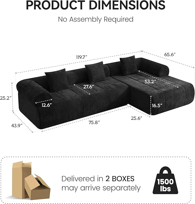 119'' Boneless Curved Sectional Couch Cloud Deep Seat L Shaped Sofa with Right Chaise LoungeModular Compression Couch for Living Room No AssemblyBlack