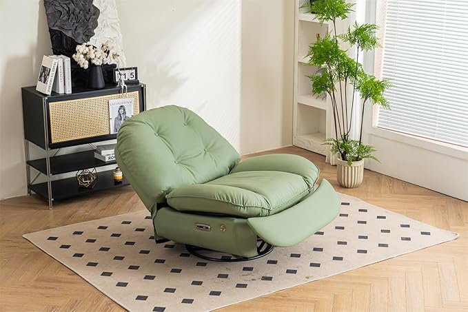 Power Recliner Sofa Chair 270 Degree Swivel Leisure Single Sofa with Button Control Wireless Speaker USB Ports Hidden Arm Storage and Phone Holder for Living Room Bedroom Green PU (Without LED)
