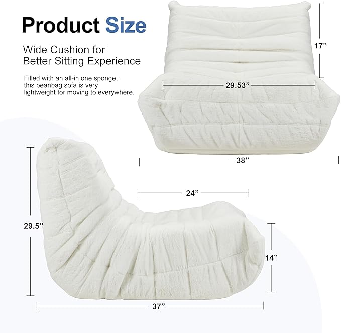 Bean Bag Chairs for Adults Giant Bean Bag Chair Memory Foam BeanBag Chair Bean Bag Sofa with Filler Faux Fur Fireside Beanbags Lazy Sofa for Living Room Bedroom Office (White Plush Single)