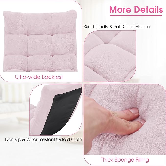 Giantex Floor Chair with Back Support 14 Adjustable Position Padded Sleeper Bed Couch Recliner Gaming Floor Chairs for Meditation Adults Living Room Gaming Chair Floor Light Pink