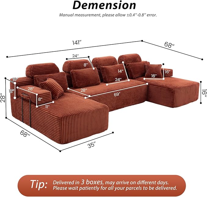 141″ Cloud Modular Sectional Sofa U Shaped Sectional Couches with Reversible Chaise Boneless Couch for Living Room 28 Deep Seat Corduroy Couch in a Box No Assembly Required Orange