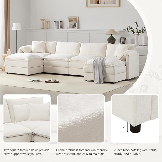 136 Chenille U-Shaped Modular Sectional Sofa with Deep and Wide SeatCloud Couch Set with Double Cushions6 Seat Sofa with Movable Ottomanfor Living Room Apartment Office (Cream#h)