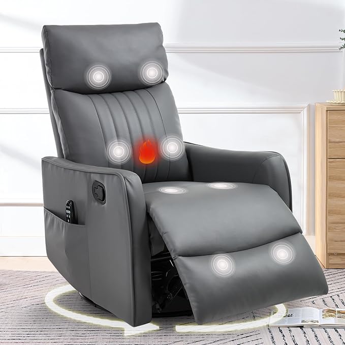 cinkehome Heated Massage Swivel Rocker Recliner Chair for Nursery - Small Space Reclining Chair with Lumbar Support 360° Swivel &amp Gentle Rocking Ergonomic High Back Faux Leather Gray