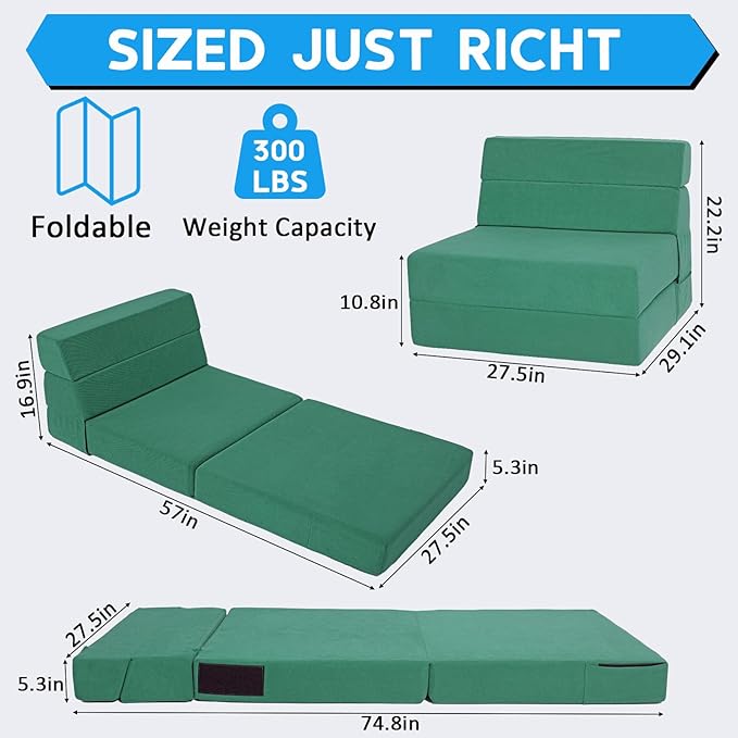 Folding Sofa Bed 4 in 1 Convertible Sleeper Chair with Washable Cover Memory Foam Fold Out Chair Bed Foldable Mattress with Back Support for Living Room Dorm Guest Room Home Office Green | Fold