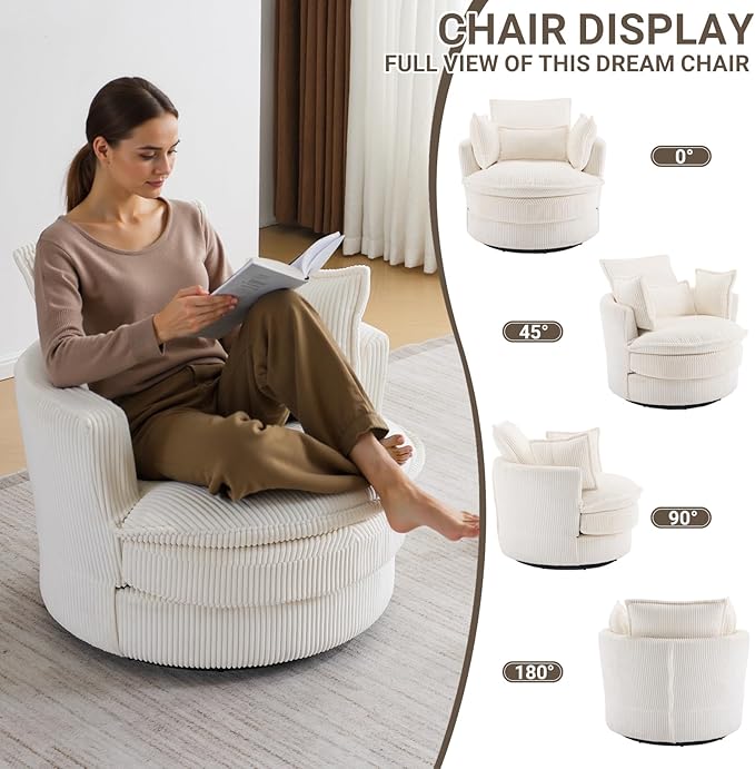 Karl home Swivel Barrel Chair-Corduroy360 Degree Modern Lounge Armchair ChairComfy Round Accent Single Sofa Chair with 3 Pillows for Living RoomBedroomLoungeHotelBeige