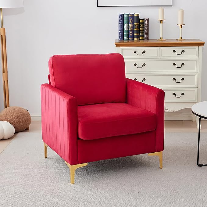 Red Velvet Accent Chair Upholstered Armchair with Gold Metal Legs Modern Single Sofa Chair for Living Room Bedroom Office