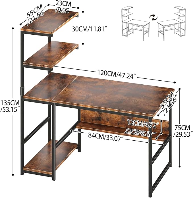 ALISENED 47 Inch Computer Desk with 4-Tier Storage Shelves Modern Large Office Desk Computer Table Studying Writing Desk Workstation with Bookshelf and Tower Shelf for Home Office