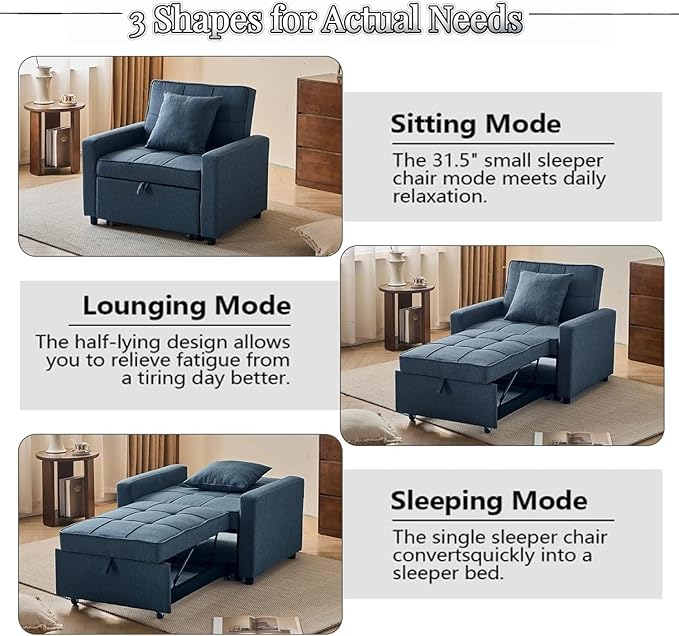 3-in-1 Convertible Sleeper Chair Pullout Chair with Extra Pillow Recliner Sofa Bed with 4 Adjustable Angles Convertible Lazy Sofa Bed for Small Spaces Home Office Blue
