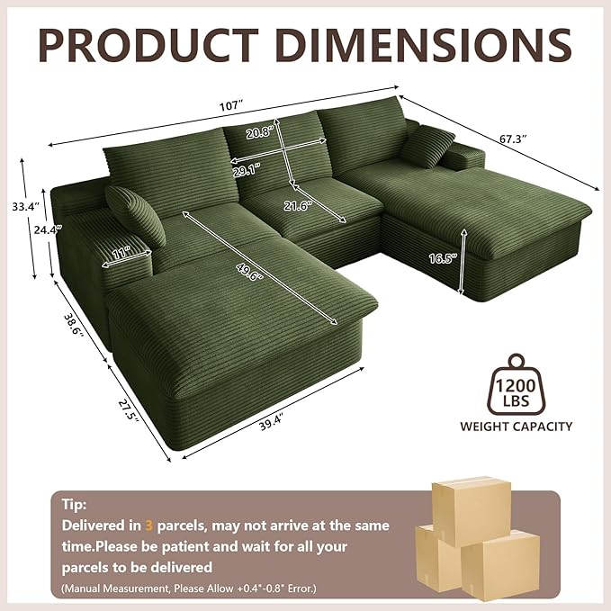 107 Cloud Modular Sectional Sofa with 1 Ottoman Deep Seat Boneless Couch Modern Upholstered Corduroy Couches Comfort U Shaped Sofa for Living Room No Assembly Required(GreenRight Facing Chaise)