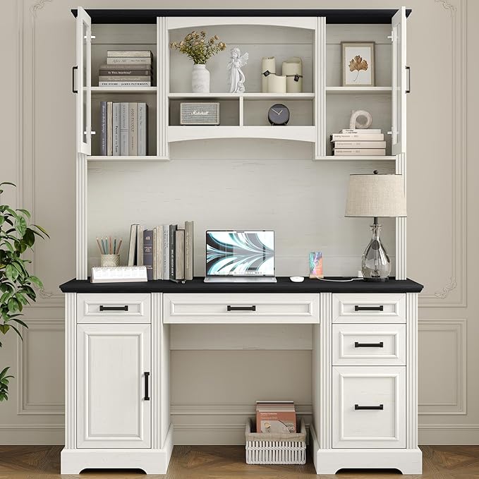 Furniouse Farmhouse 76 Height Executive Desk with Hutch Office Desk with Charging Station Drawers and Storage Cabinet Workstation for Office Home Black Tabletop Off White