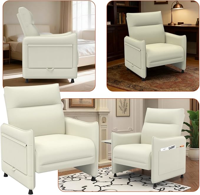 Faux Leather Accent Chair Sofa for Living Room with Flip-Up Tray Table Side Pocket Ergonomic Soft Backrest &amp Elastic CushionBeige