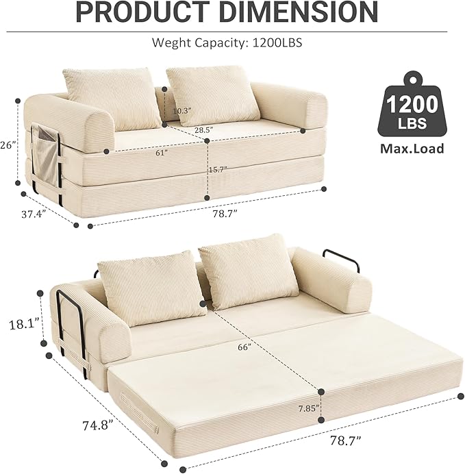 Convertible Sleeper Sofa Bed 78.7 Folding Floor Sofa Mattress Couch with Pillows Corduroy Futon Boneless Couch Lounge Loveseat with Pull Out Bed Beige