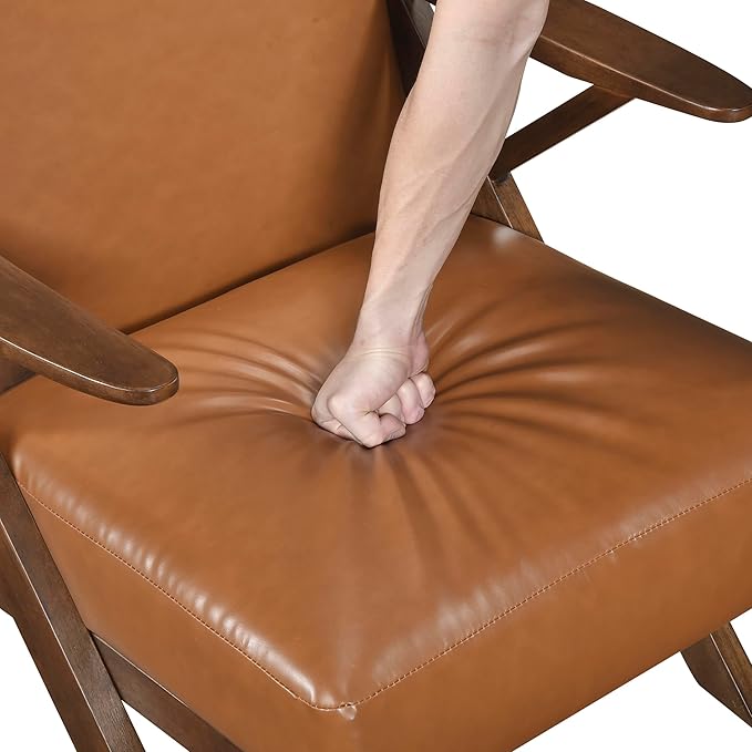 Lexicon Mid Century Modern Accent Chair Faux Leather Upholstered Lounge Seat Brown Finish Solid Wood Framed Comfy Side Chair for Living Room/Bedroom/Office/Waiting Area Brown