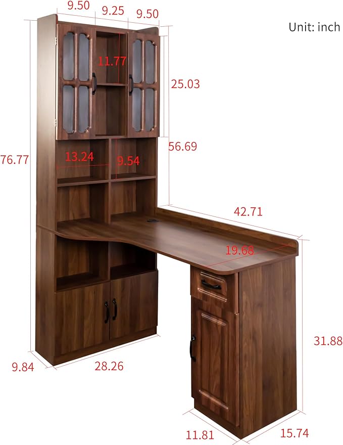 L Shaped Computer Desk with Hutch and Bookshelf Home Office Gaming Corner Desk with Drawers and Storage Shelves for Writing Work Bedroom Living Room Walnut (Style-10)
