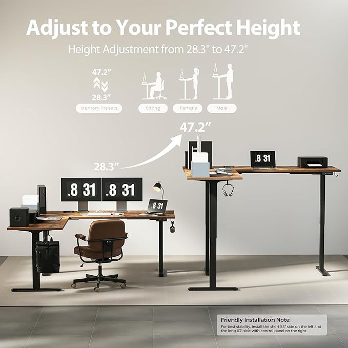 Agilestic Triple Motors 73 x 60 L Shaped Standing Desk Electric Standing Desk Adjustable Height Extra Large Desktop Corner Table for Home Office Gaming Workstation Splice Board Rustic Brown