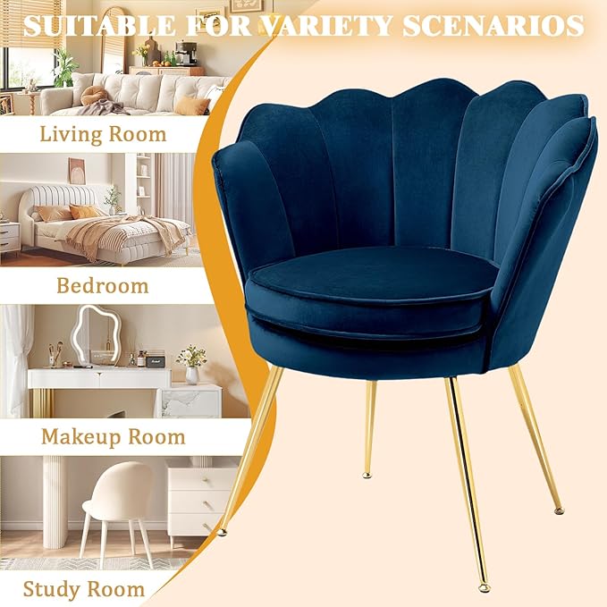 Accent Chairs Set of 2 for Living Room Velvet Upholstered Makeup Room Vanity Chair with Back Golden Metal Legs Small Accent Side Chair for Bedroom Cloud Chair Set 2 Pcs Dark Blue