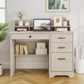 4 EVER WINNER Small Desk with Drawers Computer Desk with File Cabinet &amp Monitor Stand Home Office Desks with Drawers Wood Writing Desk for Bedroom Off White