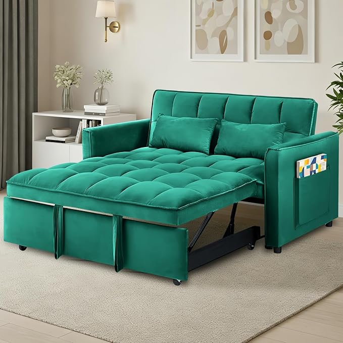 Dreamzie 3 in 1 Convertible Sleeper Sofa Bed 55'' Loveseat Sleeper Sofa Pull Out Couch Bed with Side Pocket &amp Adjustable Backrest for Living Room Velvet Fabric Green