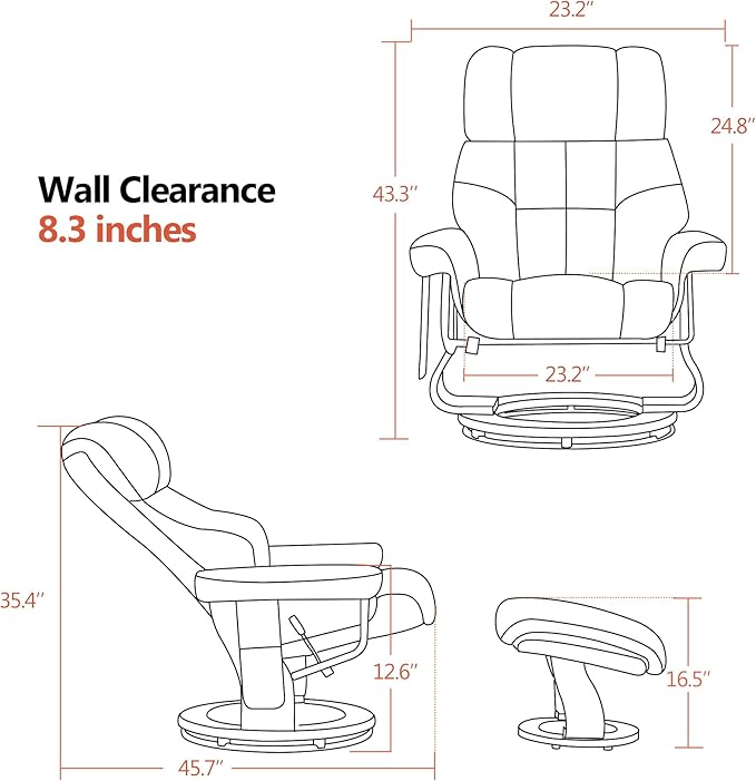 MCombo Manual Swivel Recliner with Ottoman Reclining Chair with Vibration Massage for Small Spaces Living Room Office Faux Leather 9068 (Cognac)