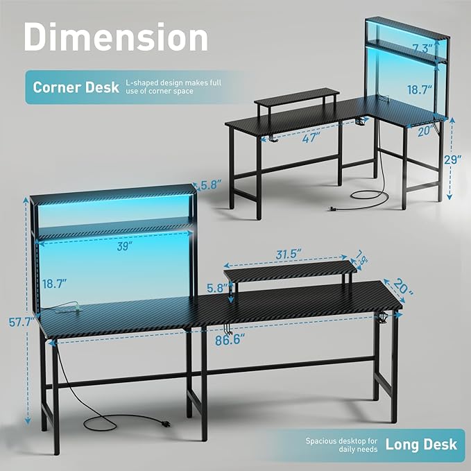 HLDIRECT L Shaped Gaming Desk with LED Light &amp Storage Shelves 67 Inch Reversible Computer Table with Power Outlet Corner Game Desk with Hutch &amp Monitor Stand Home Office Black
