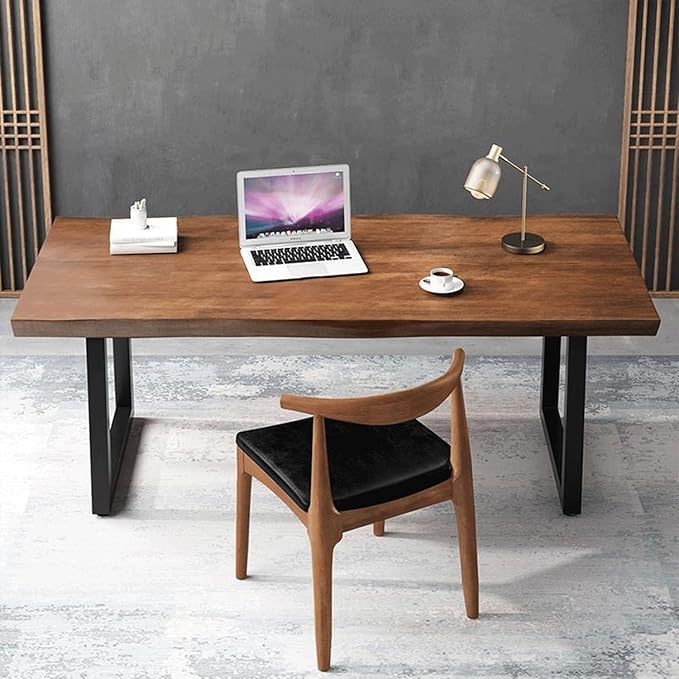 Modern Minimalist Solid Wood Office Desk with Metal Base Easy to Assemble Durable Writing Table Dining Table Computer Desk Multiple Ideal for Living Room and Dining Room (78.7inch)
