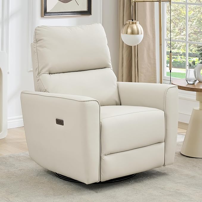 GarveeHome Power Swivel Glider Recliner Chair PU Leather Nursery Electric Rocker Recliner Chair with Lumbar Support &amp USB Port for Living Room Bedroom and Nursery (White)