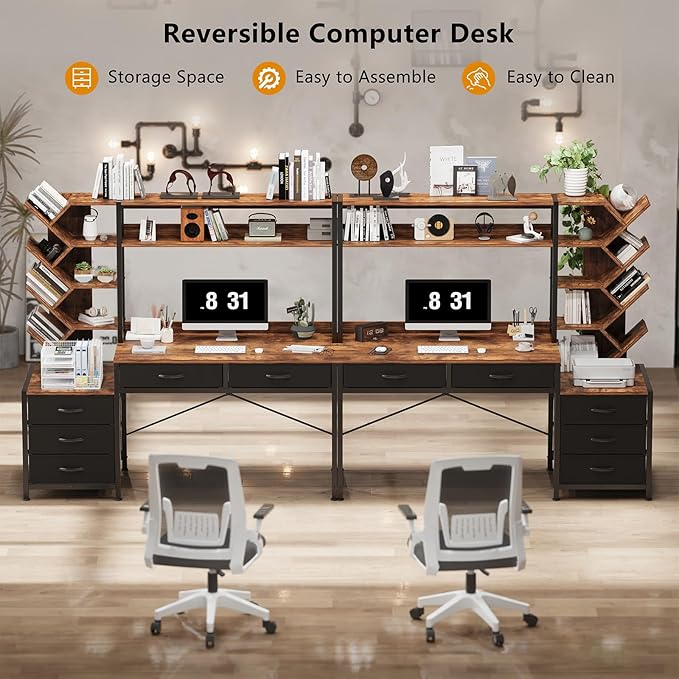 Reversible Computer Desk with Hutch Home Office Desk with 5 Drawers and Bookshelf 52'' Study Writing Desk with Storage Shelves for Bedroom Home Office Rustic Brown