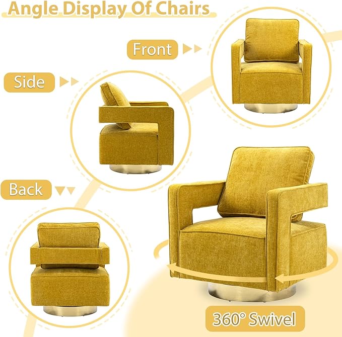 ODUWA Swivel Barrel ChairsModern Square Chenille Arm Chair with Gold Stainless Steel BaseUpholstered Comfy 360 Degree Swivel Single Club ChairLeisure Chair