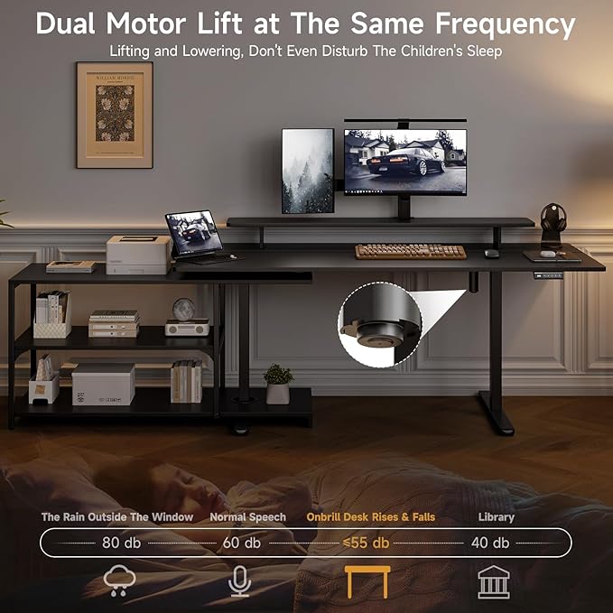 ONBRILL L Shaped Standing Desk with File Cabinet 63x24'' Electric Stand Up Desk with Monitor and Storage Shelf Adjustable Height 28-46'' for Home and Computer Workstation Black