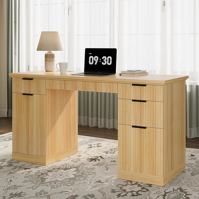 FURSUN 58 Executive Desk with Charging Station &amp File Drawer Modern Fluted Home Office Desk with 5 Drawers &amp Keyboard Tray Large Computer Writing Desk Natural Oak