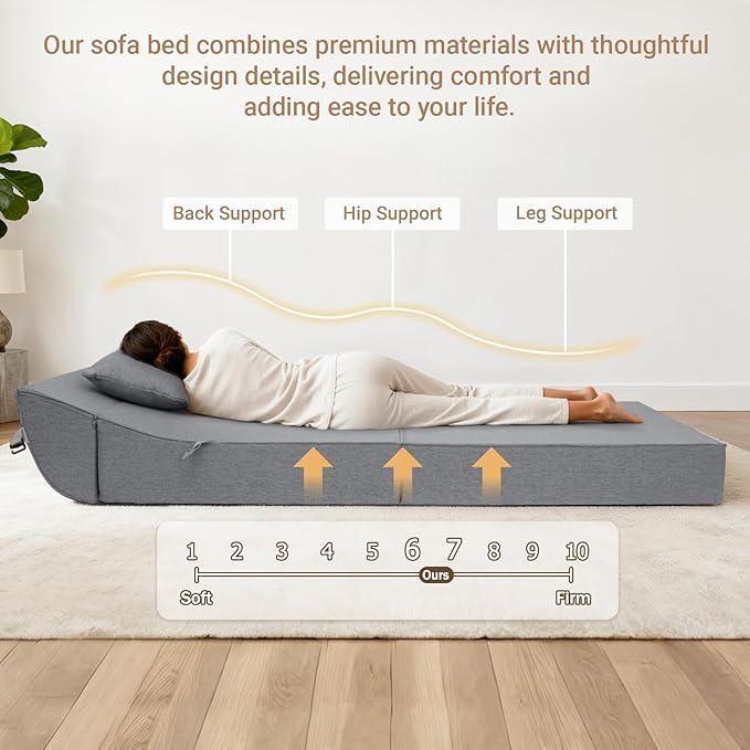 BeBen Folding Sofa Bed Chair Convertible Sleeper Chair Futon Couch Foldable Boneless Floor Lounger Sofa Twin Foam Chair Bed for Small Spaces Dorm Guest Room Living Room Apartment Grey