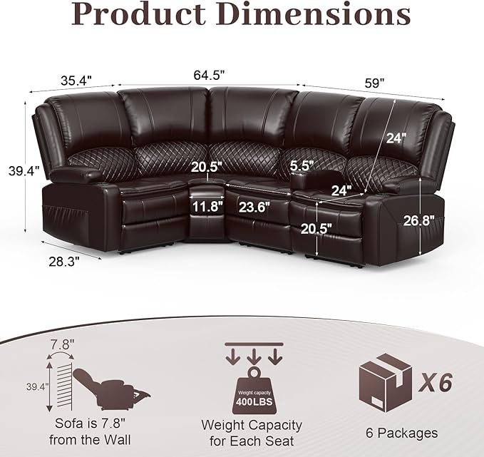 Manual Reclining Sectional Sofa Set 4 Seats Soft Leather Recliner Corner Sectional Couch Family-Sized L-Shaped Recliner Couch with USB Charging Thickened Padding Sturdy Frame Brown
