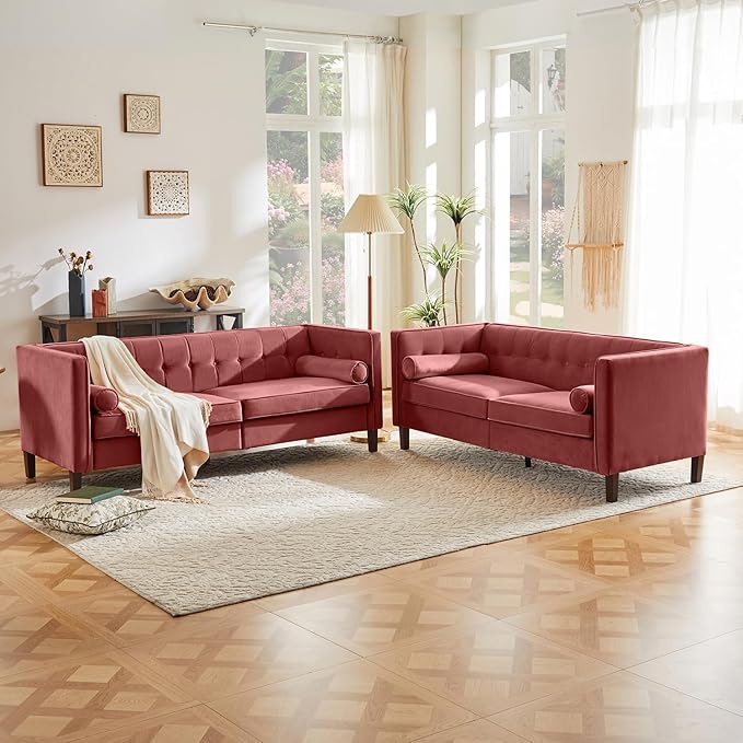 Kingfun Livingroom Furniture Sets Loveseat &amp 3 Seater Velvet Loveseat Couch Mid-Century Sofa Bolster Pillows Button Tufted Love Seats Toolless Assembly Pink