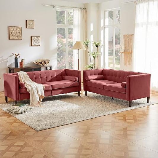 Kingfun Livingroom Furniture Sets Loveseat &amp 3 Seater Velvet Loveseat Couch Mid-Century Sofa Bolster Pillows Button Tufted Love Seats Toolless Assembly Pink