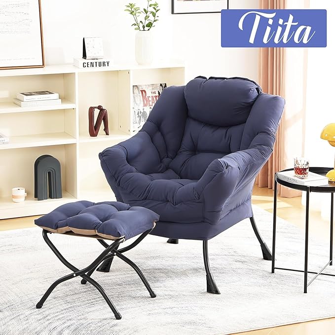Tiita Lazy Chair with Ottoman Navy Modern Large Accent Chair Comfy Leisure Sofa Armchair with Ottoman Reading Chair with Footrest for Bedroom Living Room Dorm Rooms Navy