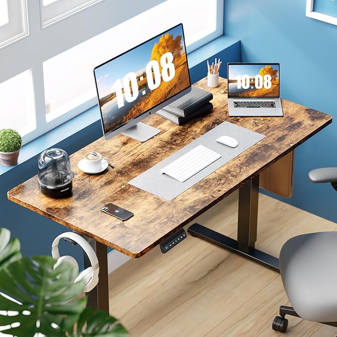 Sweetcrispy Electric Standing Desk Adjustable Height 48x24 Inch Sit Stand Up Home Office Desks Computer Workstation PC Work Table with 3 Memory Preset Splice Wood Board Metal Frame Rustic