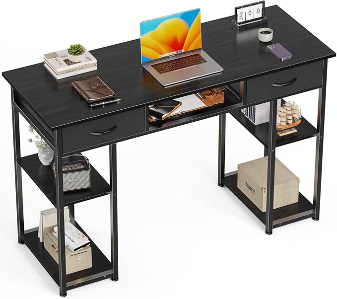 47 Inch Computer Desk with 2 Drawers Home Office Desk with Wooden Shelves Study Writing PC Table for Small Spaces Bedroom Dorm or Living Room Black