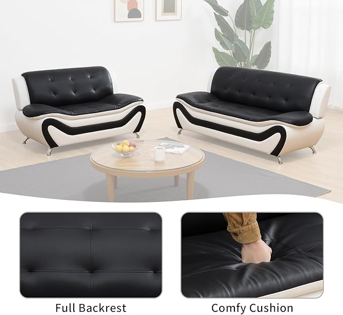 Leather Couch SetLeather Sectional Sofa for Living Room Furniture Sets Sofa and Loveseat Sets 2-Piece for Living Room/Office/Bedroom/Apartment(Black &amp White)