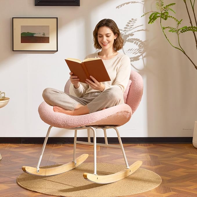VINGLI 25.6 Extra Wide Nursery 115° Armless Rocking Chair Curved Cute Cross-Legged Glider Chair with Pillow &amp Solid Wood Nursing Chair for Bedroom Living Room Teddy Fleece Pink