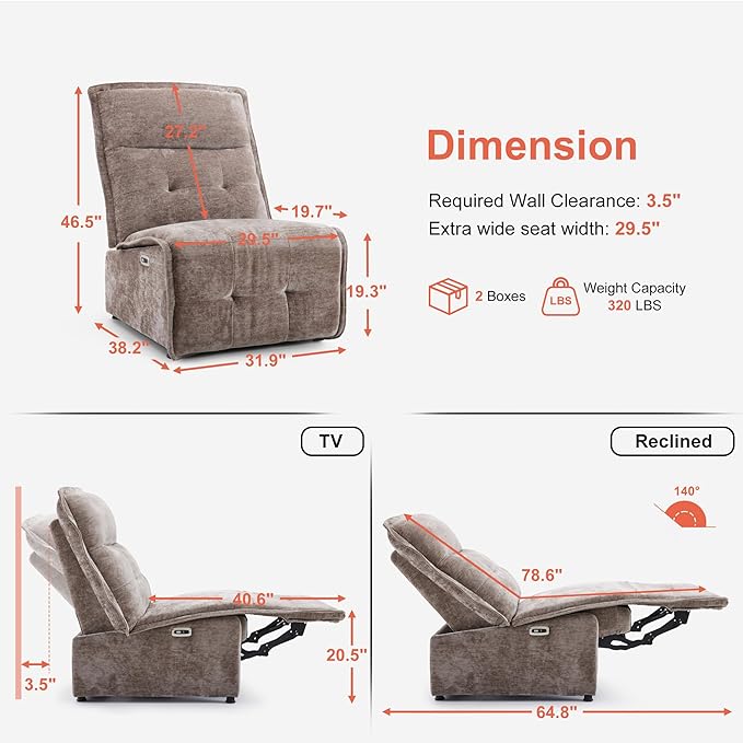 MCombo Wall Hugger Armless Power Recliner Chair with USB Ports 29.5 Extra Wide Seat Oversized Fabric Powered Reclining Sofa for Living Room Small Space ALR01