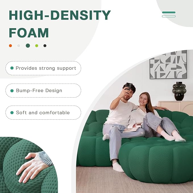WJShome Bubble Couch49.21'' Single SofaMesh Fabric Lazy Floor Sofa 3D Honeycomb Shape Curved Couch for Living Room Office Apartment (Green 48.43 D)