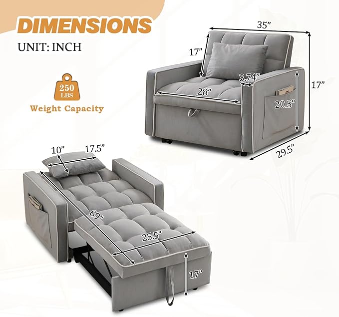 35-inch Futon Sofa Chair with Pull Out Bed Modern Tufted Velvet 3 in 1 Convertible Sleeper Sofa Chair with a Pillow for Small Space Living Room Apartment Bedroom Grey