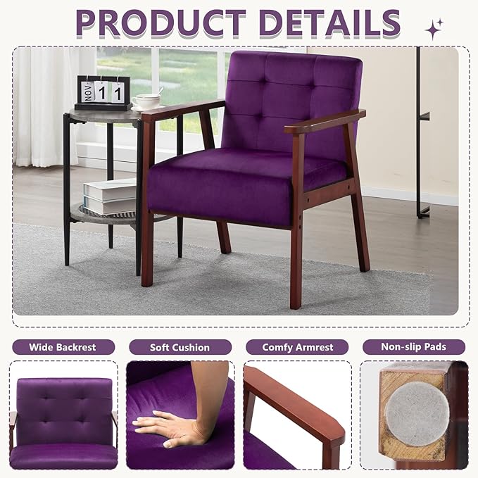 Anwick Mid-Century Modern Accent ChairPU Leather Living Room Chair with Solid Wood FrameComfy Armchair Lounge Reading Chairs for Bedroom Office (Purple)